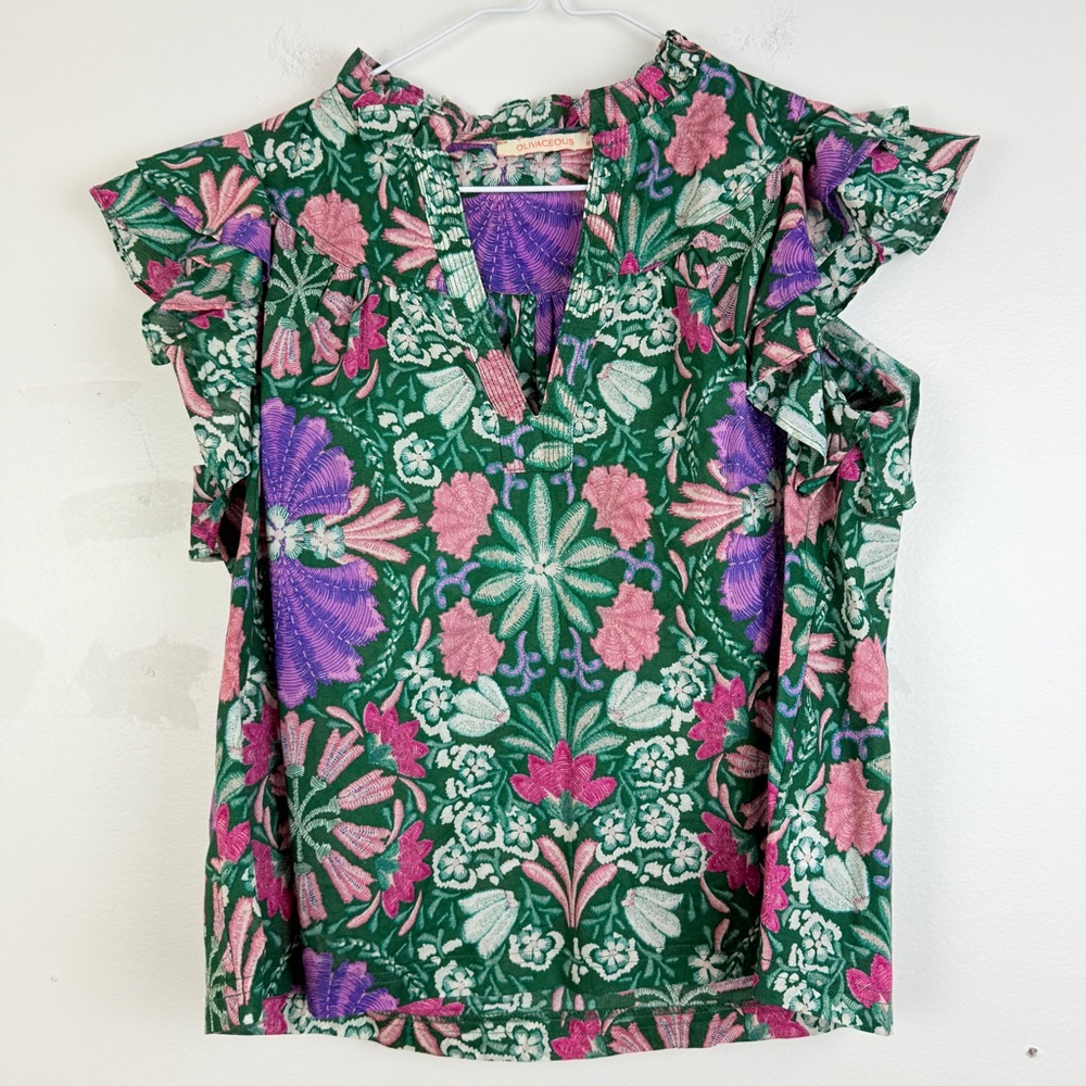 Olivaceous Cottagecore Floral Ruffle Sleeve Blouse Cotton Top